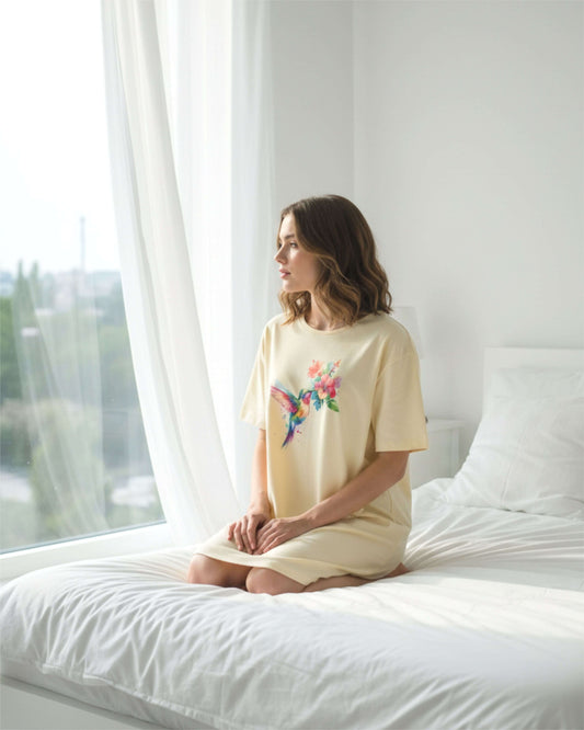 Temptation Dames Big Shirt - korte Mouwen - Geel - achteraanzicht