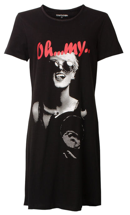 Temptation Dames Big Shirt - Katoen - Korte Mouwen - Zwart - vooraanzicht