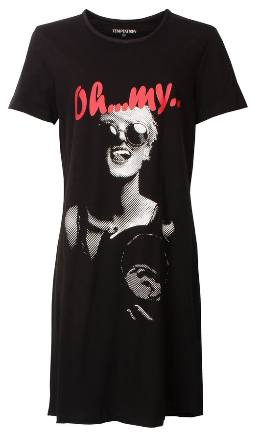 Temptation Dames Big Shirt - Katoen - Korte Mouwen - Zwart - vooraanzicht