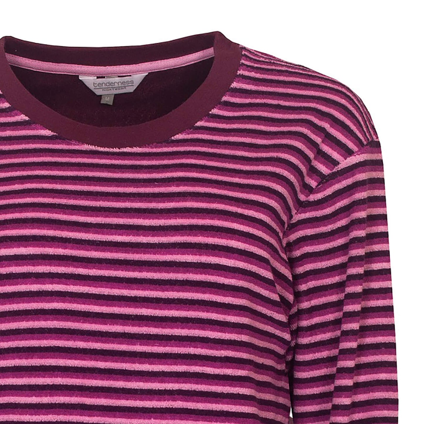 Paarse gestreepte badstof pyjama top met lange mouwen en ronde hals, gemaakt van katoen en polyester