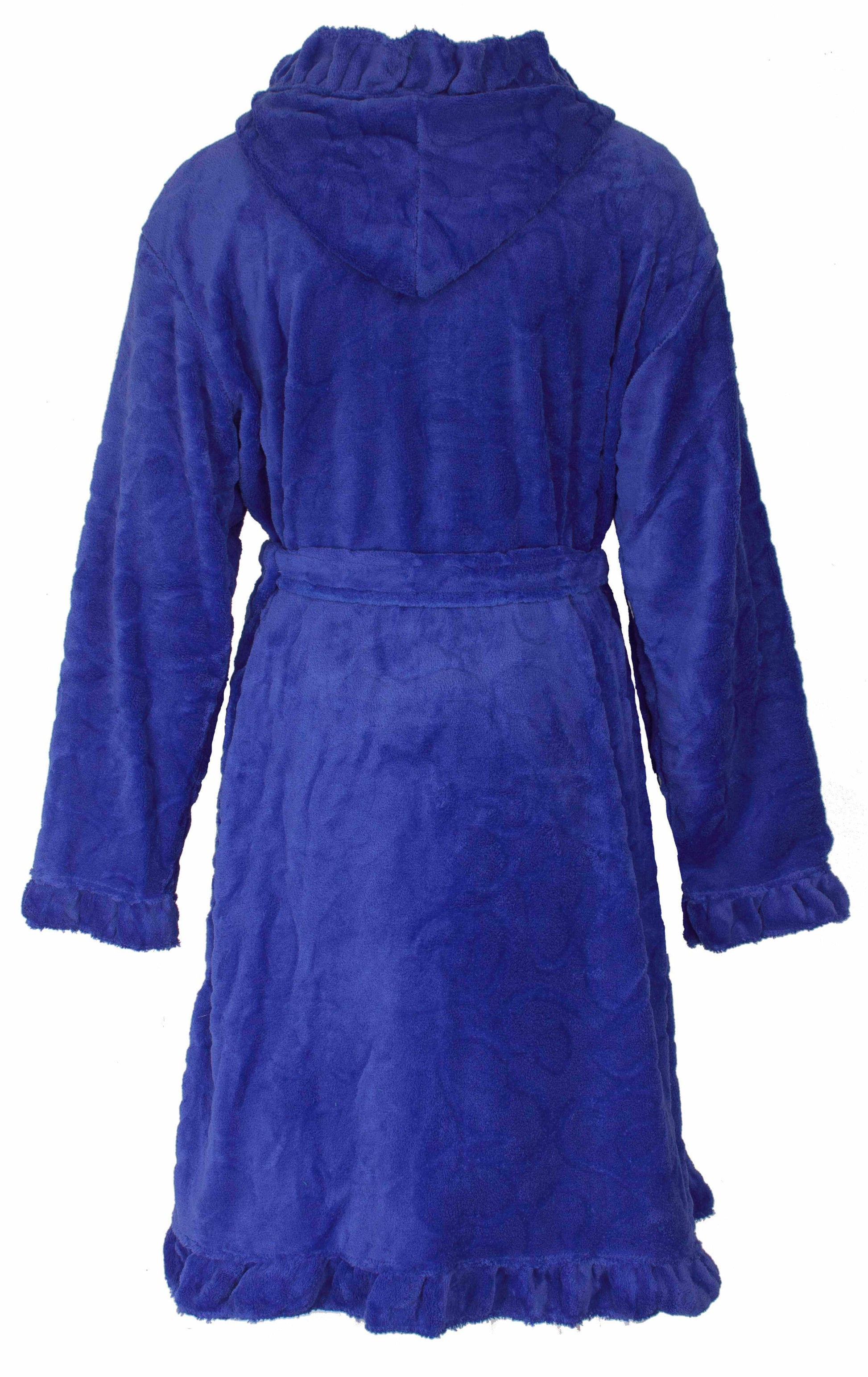 Blauwe fleece badjas met capuchon, lange mouwen, ceintuur en ruches aan de onderkant en mouwen.