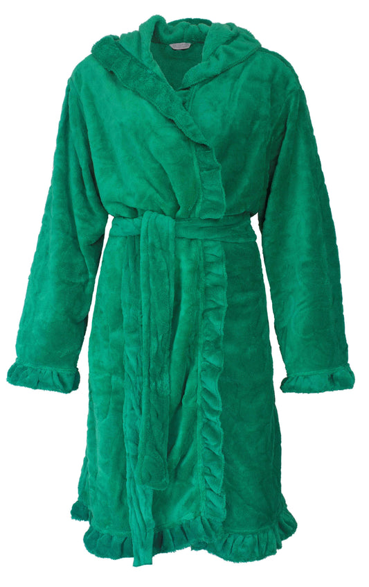 Groene fleece badjas met capuchon, ruches en ceintuur. Lange mouwen en zakken in de zijnaad.