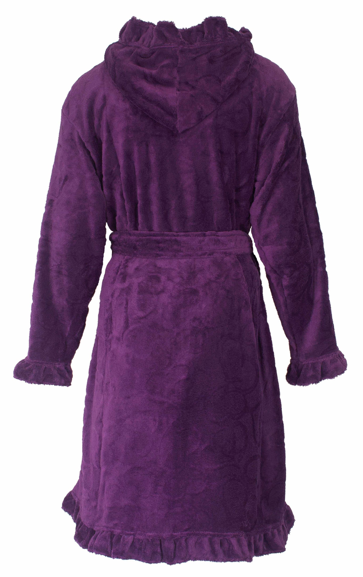 Paarse fleece badjas met capuchon, lange mouwen, ceintuur en ruches aan de onderkant en mouwen.
