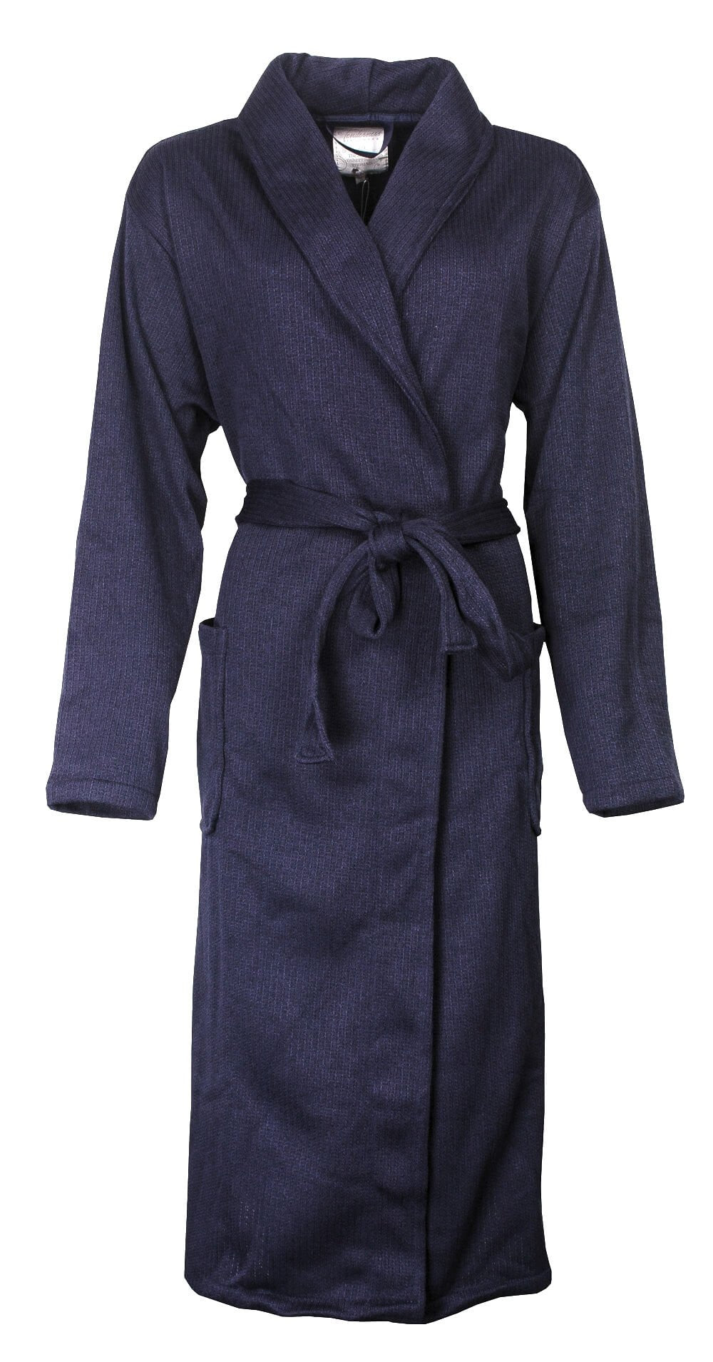 Donkerblauwe fleece badjas met sjaalkraag, lange mouwen en een ceintuur. De stof heeft een subtiele textuur.