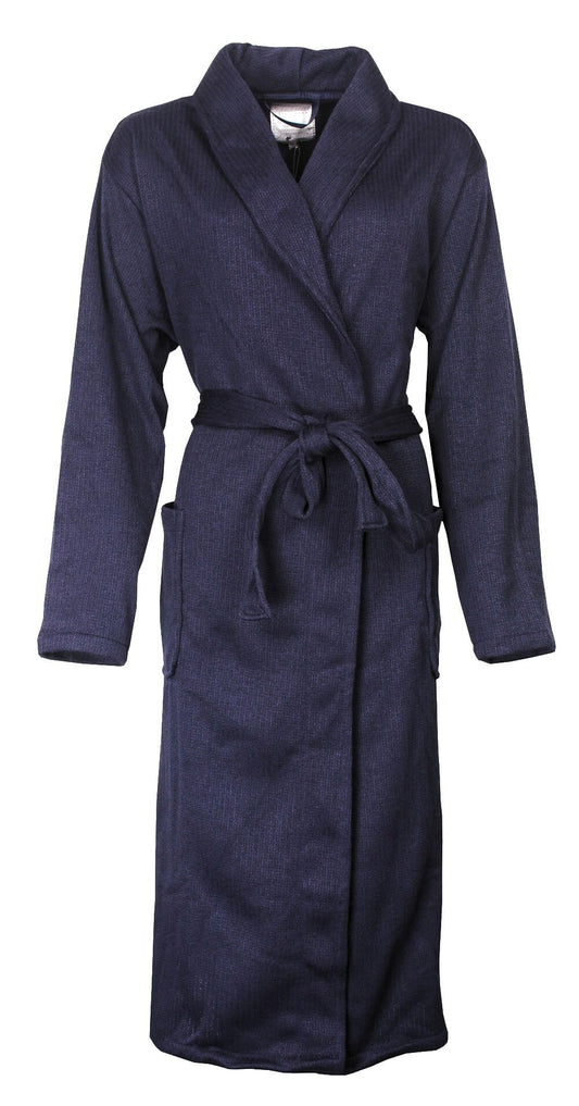 Donkerblauwe fleece badjas met sjaalkraag, lange mouwen en een ceintuur. De stof heeft een subtiele textuur.