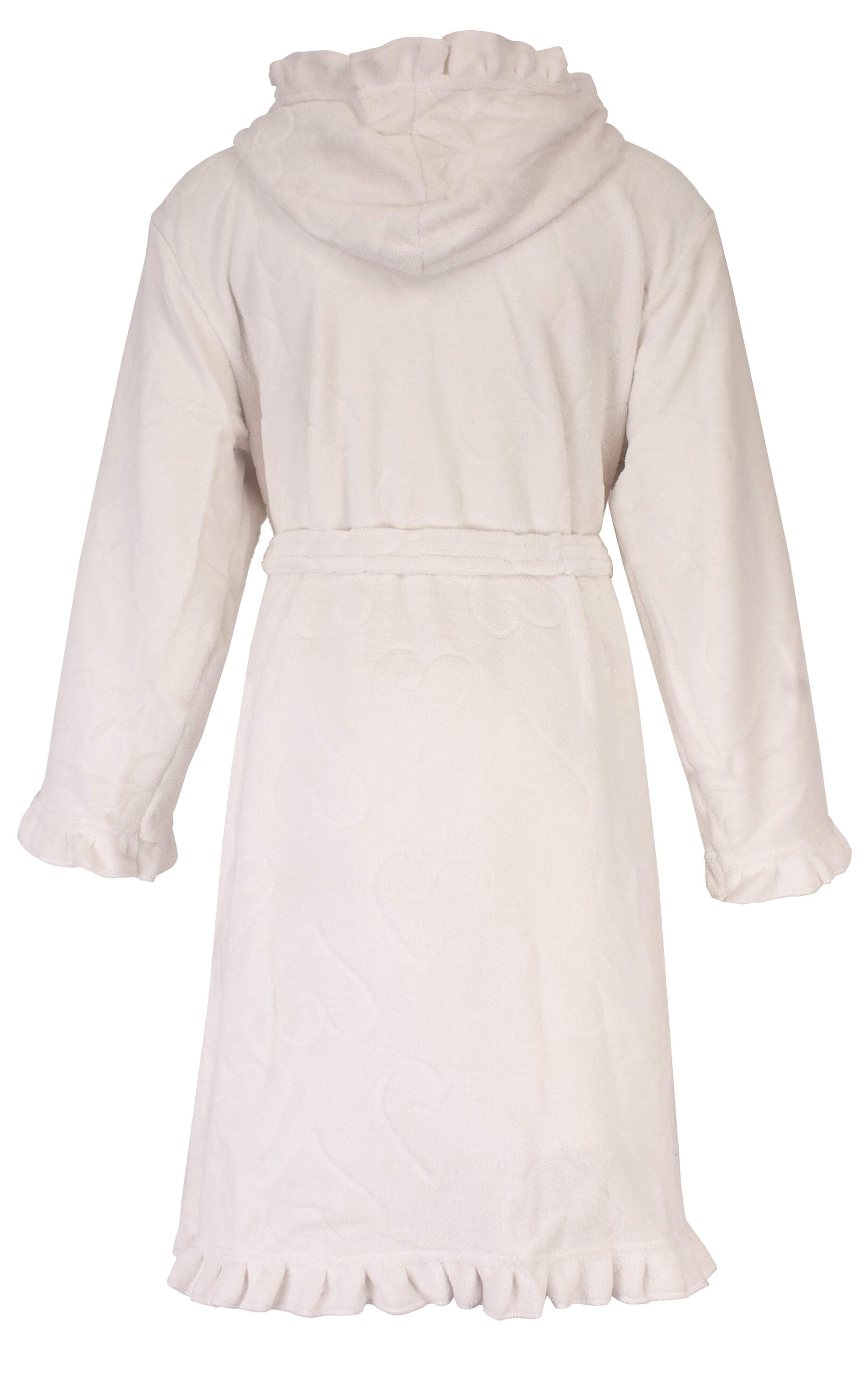 Gebroken witte fleece badjas met capuchon, lange mouwen, riem en geplooide zoom, achteraanzicht.