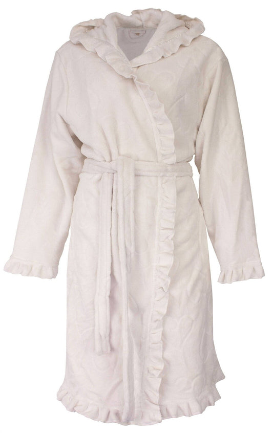 Gebroken witte fleece badjas met capuchon, riem en ruches langs de randen. Lange mouwen en comfortabele pasvorm.