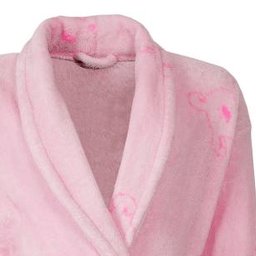 Licht roze fleece badjas met sjaalkraag, zacht en comfortabel ogende stof met subtiele roze hartjesprint