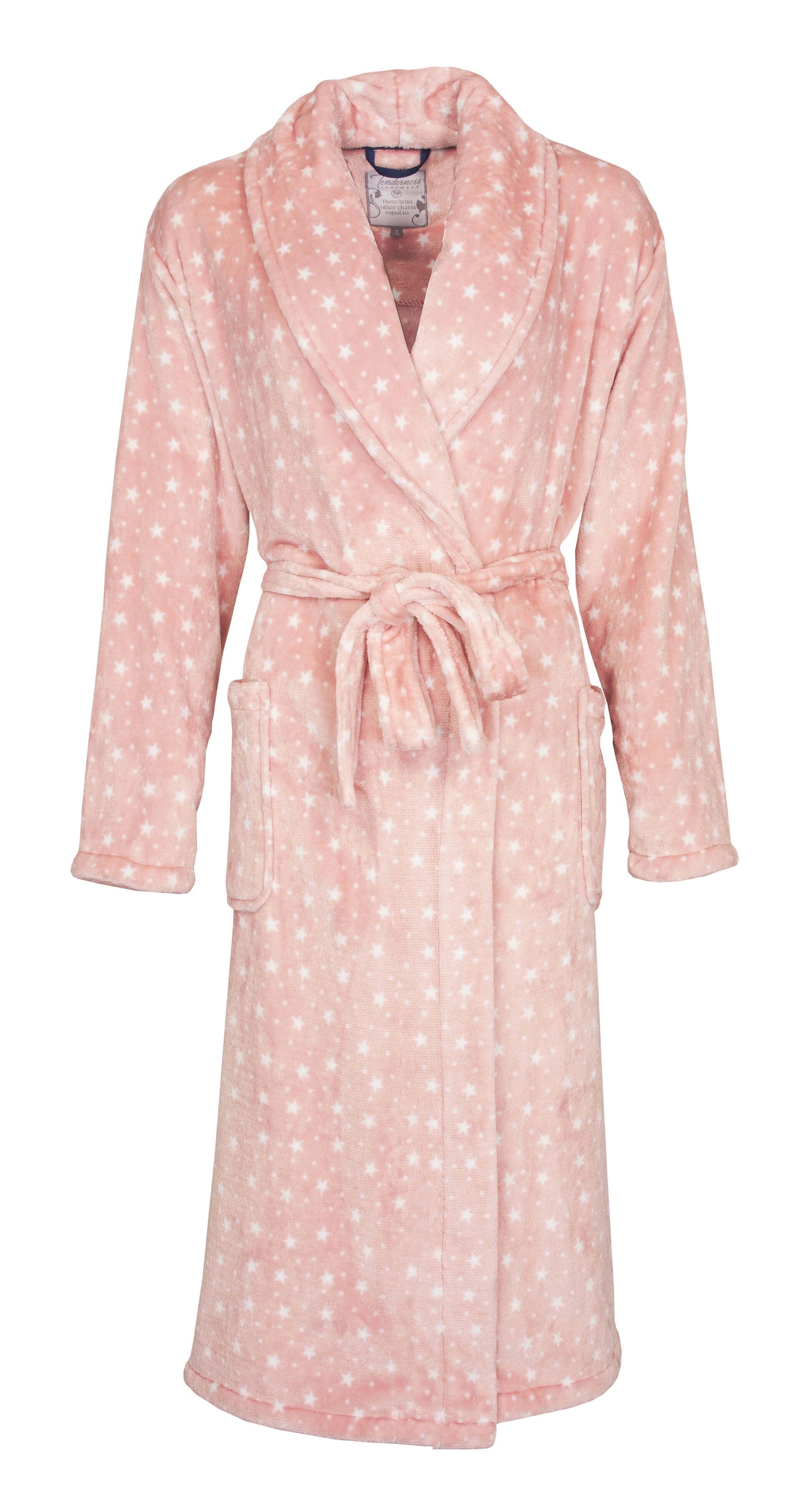 Licht roze fleece badjas met sjaalkraag, sterrenpatroon, lange mouwen en ceintuur, gemaakt van zacht coral fleece