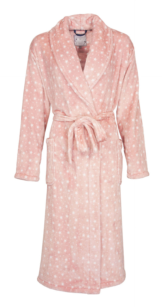 Licht roze fleece badjas met sjaalkraag, sterrenpatroon, lange mouwen en ceintuur, gemaakt van zacht coral fleece