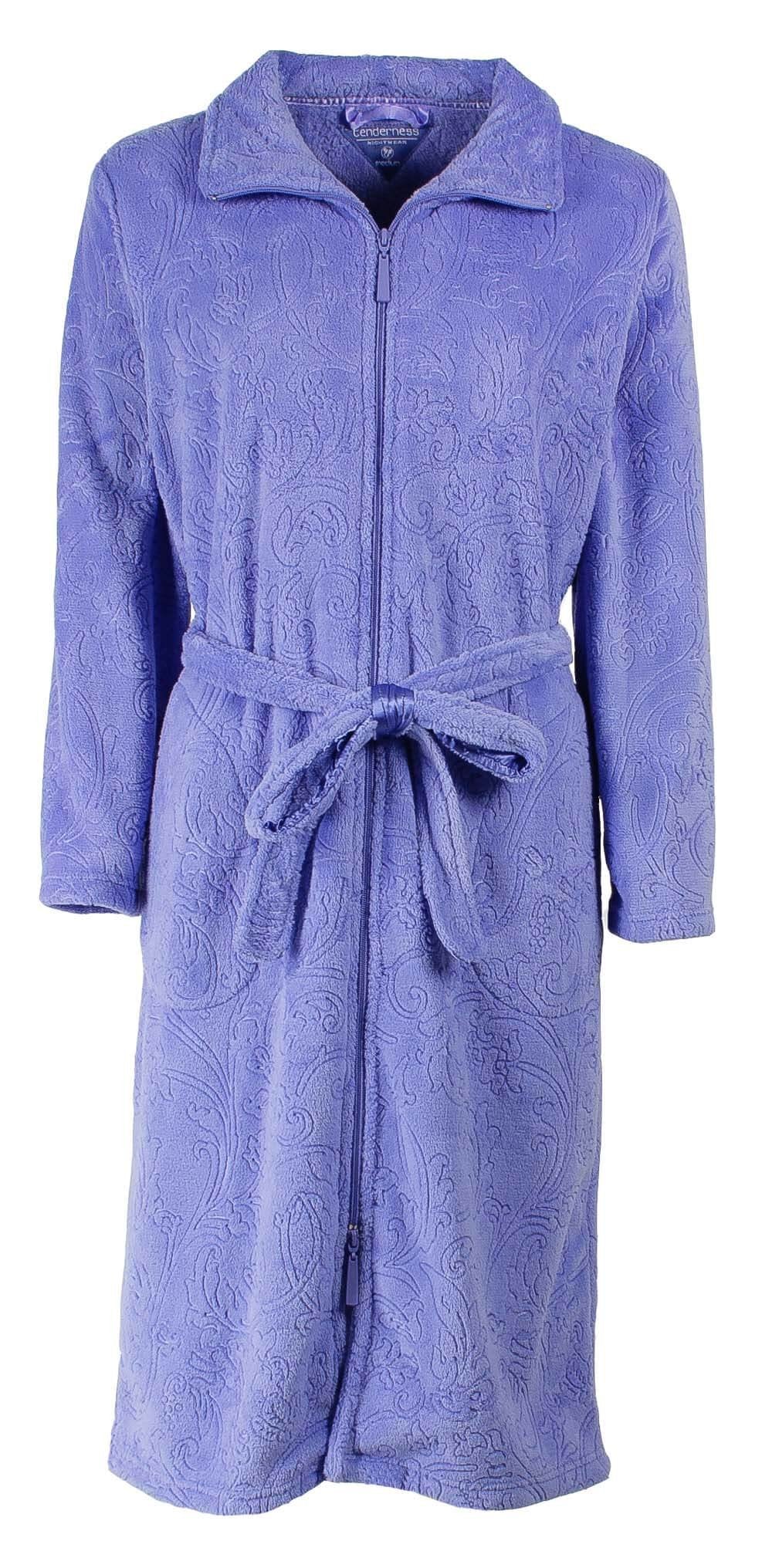 Blauwe fleece badjas met rits, lange mouwen, kraag, ingewerkte figuren, zakken en ceintuur.