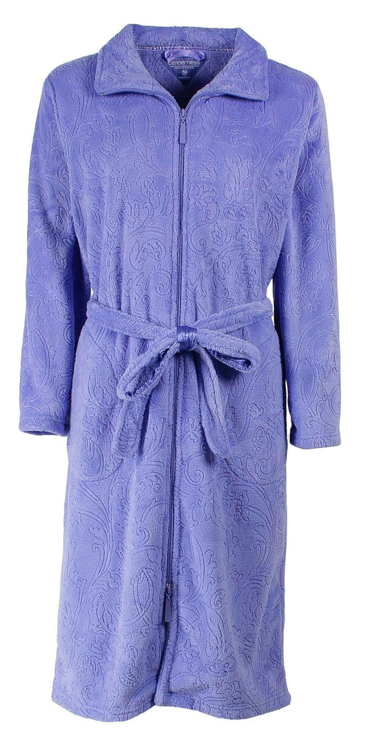 Blauwe fleece badjas met rits, lange mouwen, kraag, ingewerkte figuren, zakken en ceintuur.