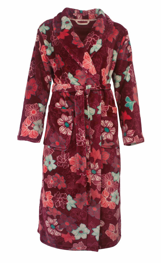 Rode fleece damesbadjas met kleurrijk bloemenpatroon, lange mouwen en ceintuur