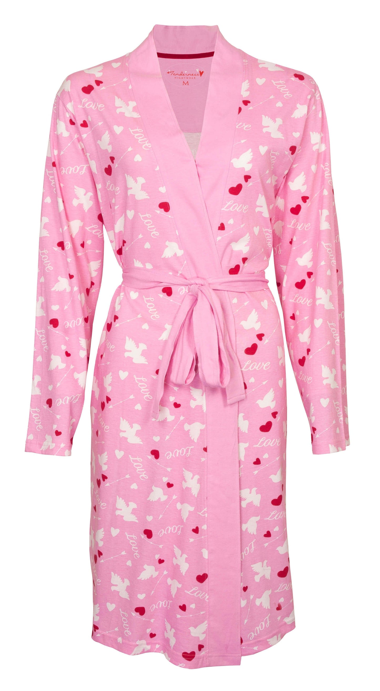 Roze badjas met witte hartjes en duifjes, 'Love' opdruk, kimono-stijl met ceintuur en lange mouwen