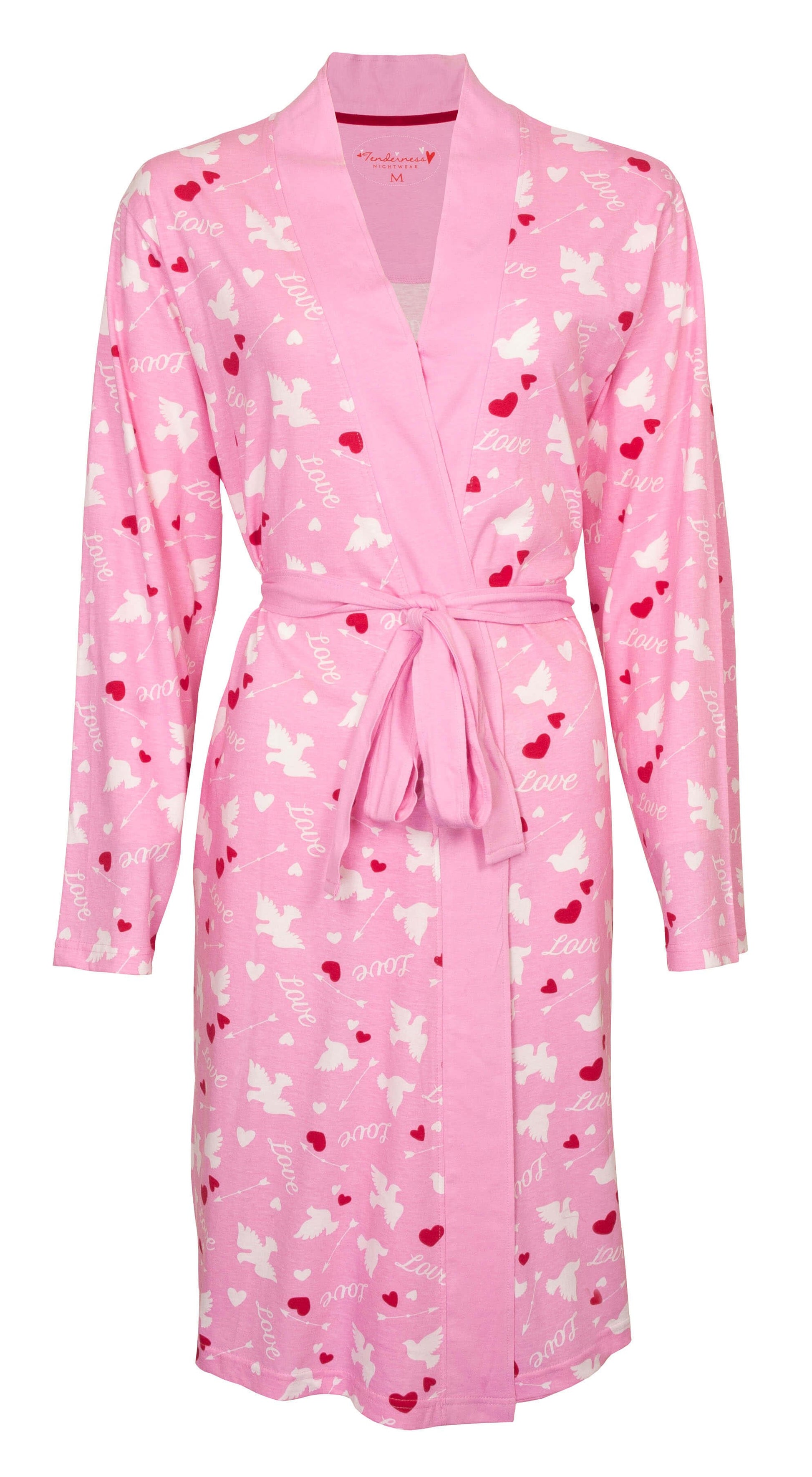 Roze badjas met witte hartjes en duifjes, 'Love' opdruk, kimono-stijl met ceintuur en lange mouwen