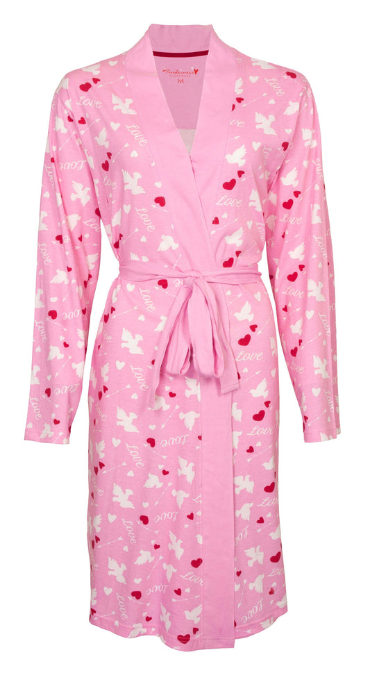 Roze badjas met witte hartjes en duifjes, 'Love' opdruk, kimono-stijl met ceintuur en lange mouwen