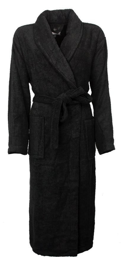Zwarte badjas met sjaalkraag, lange mouwen en ceintuur, gemaakt van zachte badstof voor dames.