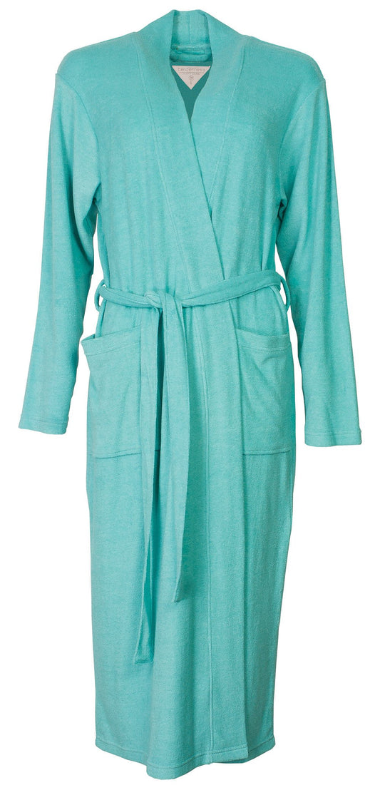 Capri blauwe kimono-ames badjas met lange mouwen, ceintuur en opgestikte zakken. Gemaakt van0no-stijl met dubbele band.