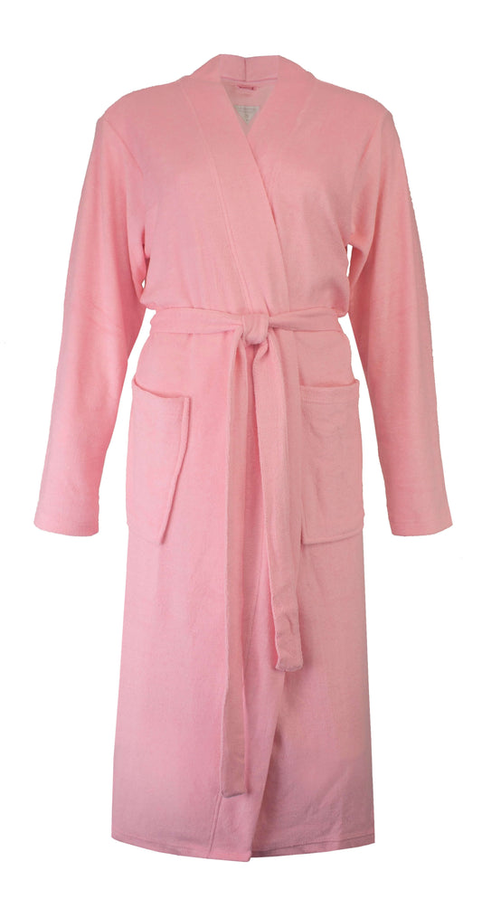 Roze dames badjas in kimono-stijl met lange mouwen, ceintuur en twee zakken, gemaakt van dun badstof materiaal.
