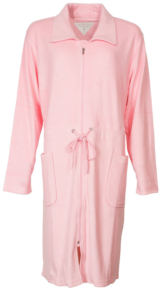 Roze badjas van Tenderness met rits, koord en zakken, gemaakt van dunne badstof voor dames