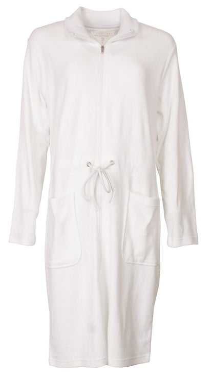 Witte badjas voor dames met rits, aantrekkoord en zakken. Gemaakt van dunne badstof, ideaal voor na het baden.