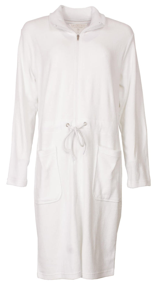 Witte badjas voor dames met rits, aantrekkoord en zakken. Gemaakt van dunne badstof, ideaal voor na het baden.