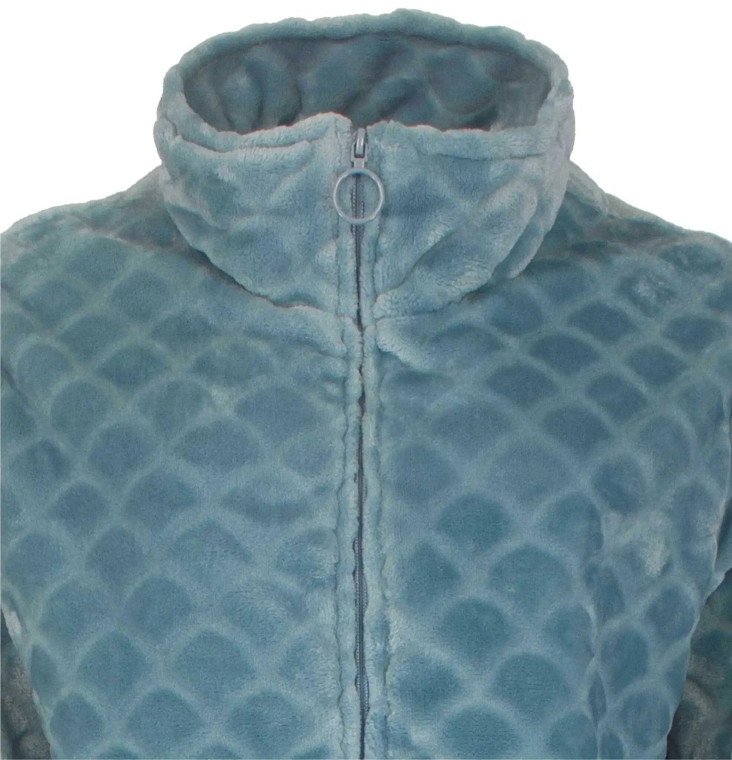 Zachte fleece huispak in petrol blauw met ruitpatroon, hoge kraag en ritssluiting met ronde trekker