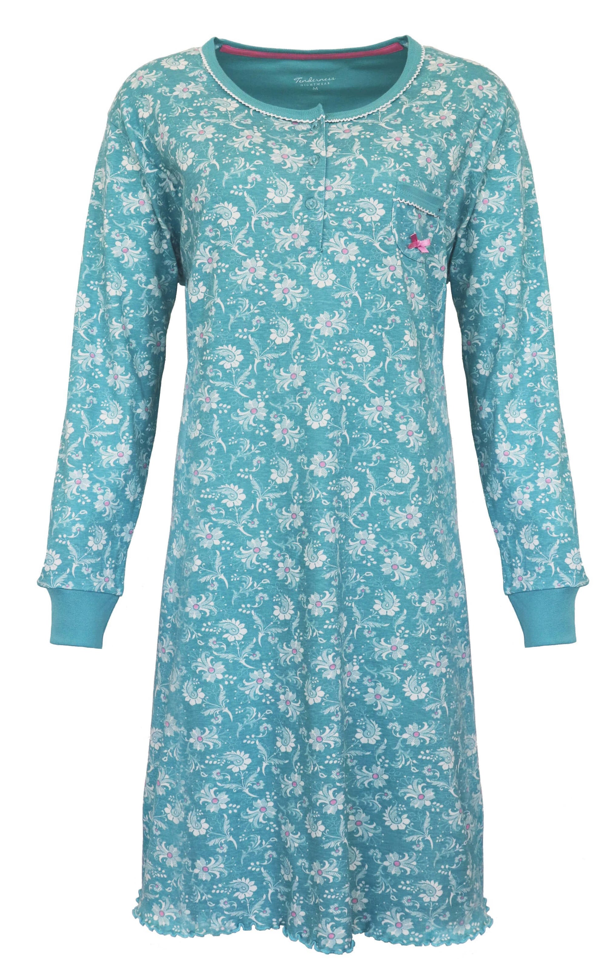 Aqua groen nachthemd met witte bloemenprint, lange mouwen en ronde hals met knoopsluiting