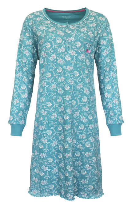 Aqua groen nachthemd met witte bloemenprint, lange mouwen en ronde hals met knoopsluiting