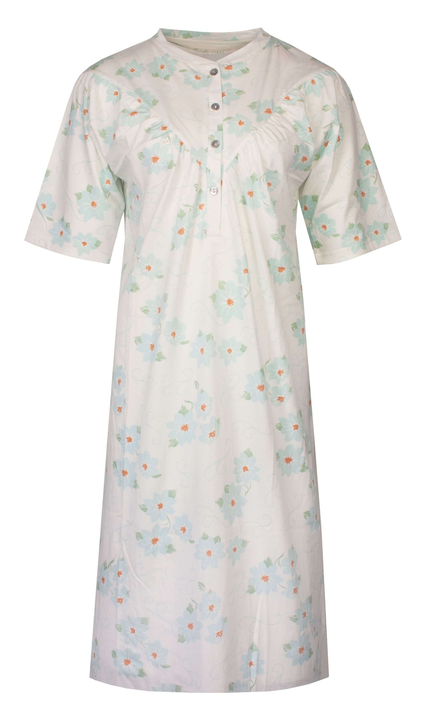 Beige nachthemd met lichtblauwe bloemen, korte mouwen en knoopsluiting aan de hals