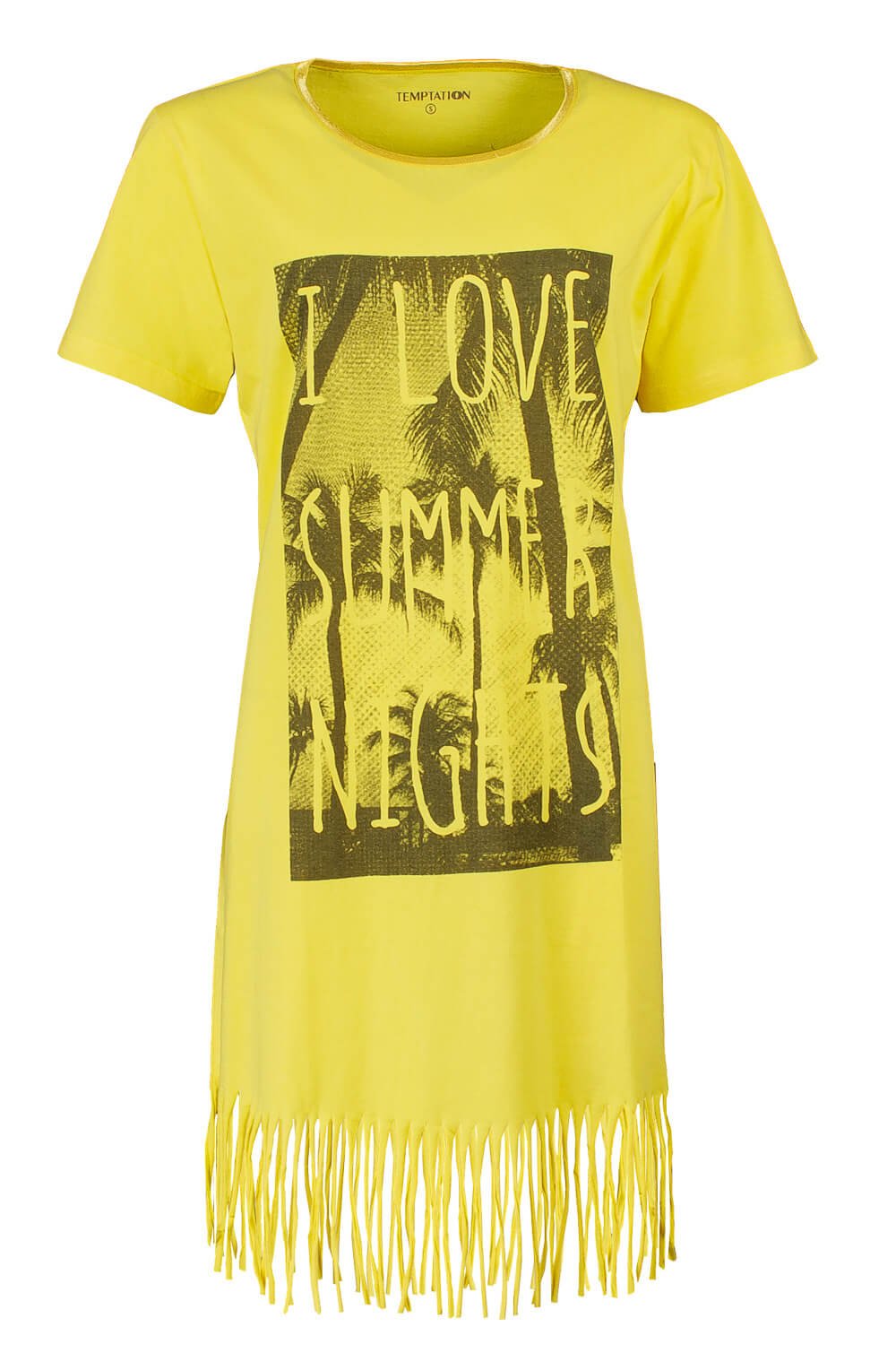Geel nachthemd met 'I love summer nights' print, korte mouwen en franjes aan de onderkant.