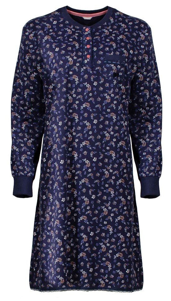 Blauw dames nachthemd met klein bloemetjespatroon, lange mouwen, polosluiting en borstzakje