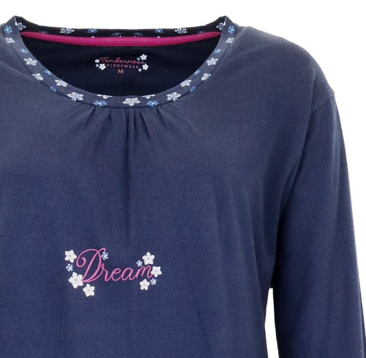 Blauw nachthemd met 'Dream' en bloemen borduursel, ronde hals met bloemenmotief, merk Tenderness Nightwear
