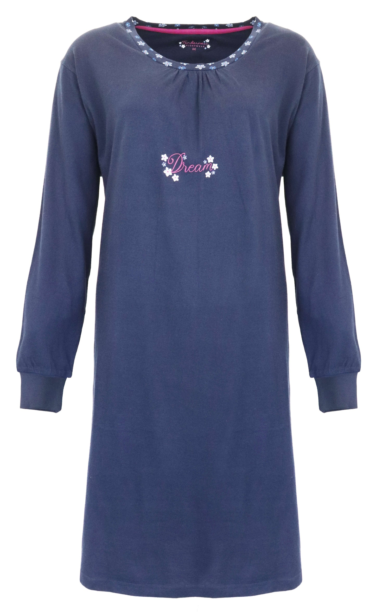 Blauw lang nachthemd met lange mouwen, ronde hals en 'Dream' opdruk, gemaakt van 100% gekamde katoen.