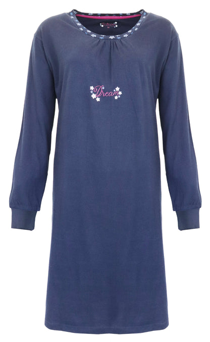 Blauw lang nachthemd met lange mouwen, ronde hals en 'Dream' opdruk, gemaakt van 100% gekamde katoen.
