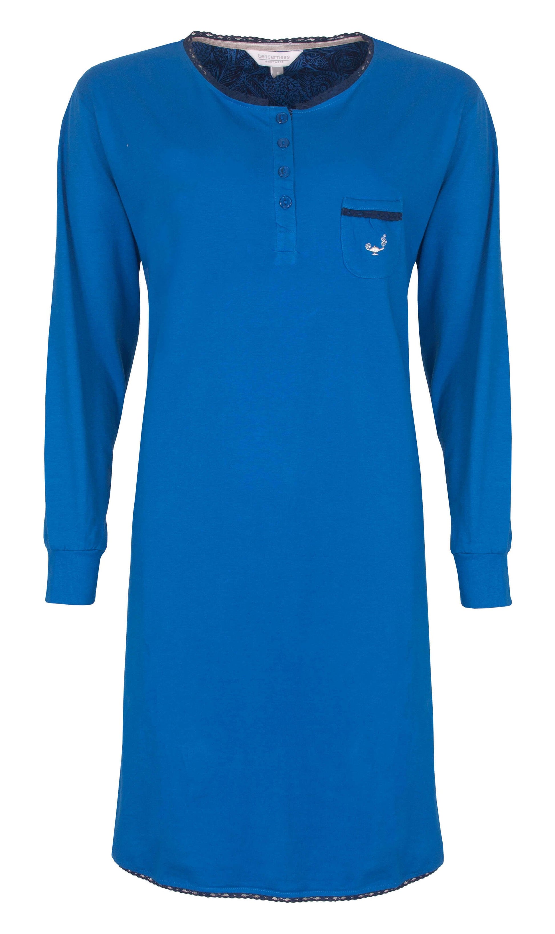 Blauw lang nachthemd met lange mouwen, ronde hals, polosluiting, borstzakje en kanten zoom onderaan