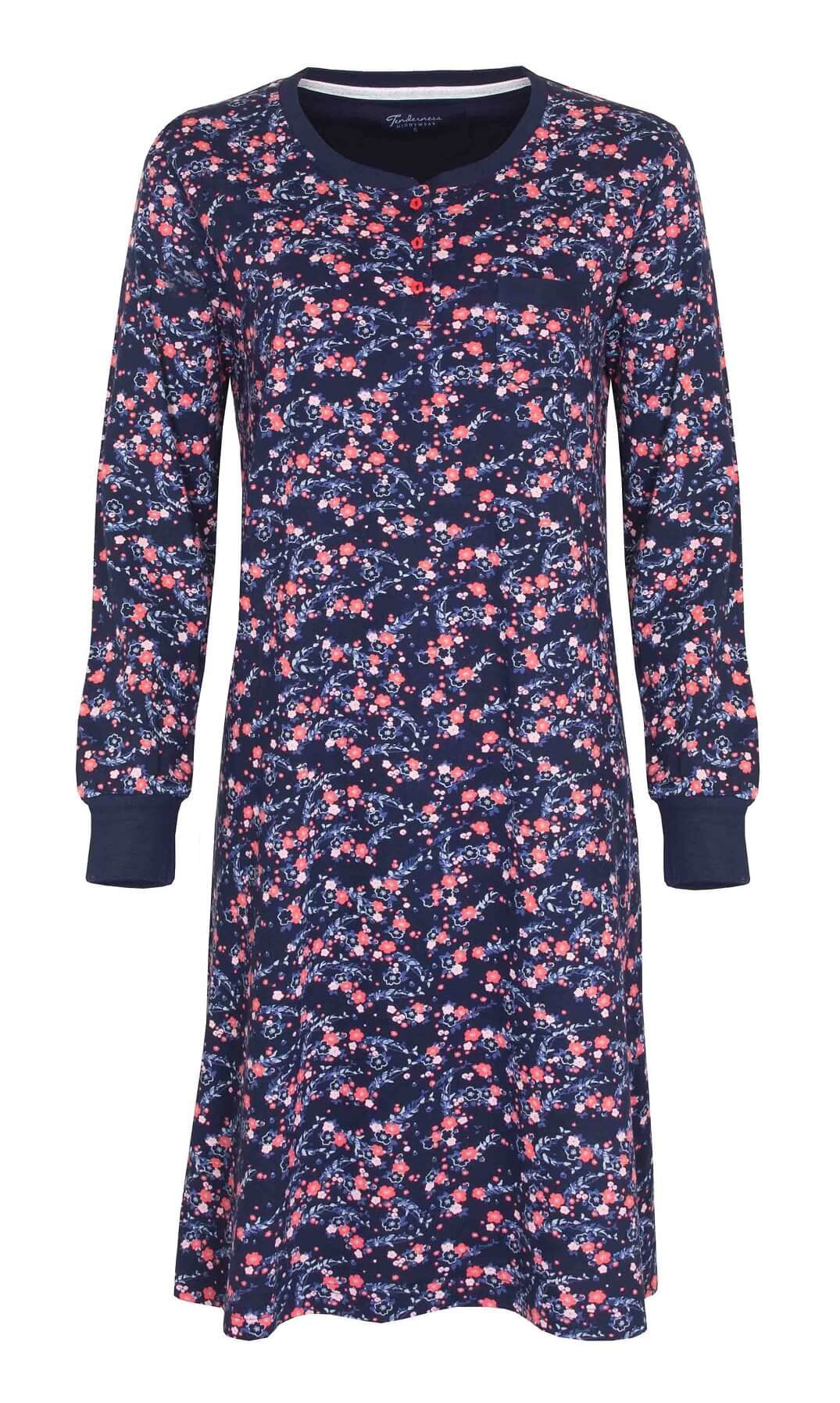 Blauw dames nachthemd met lange mouwen, versierd met een delicate roze en witte bloemenprint over het hele kledingstuk.