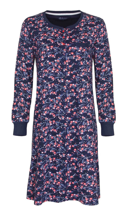 Blauw dames nachthemd met lange mouwen, versierd met een delicate roze en witte bloemenprint over het hele kledingstuk.