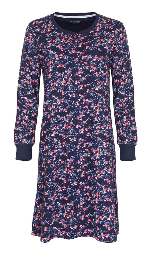 Blauw dames nachthemd met lange mouwen, versierd met een delicate roze en witte bloemenprint over het hele kledingstuk.