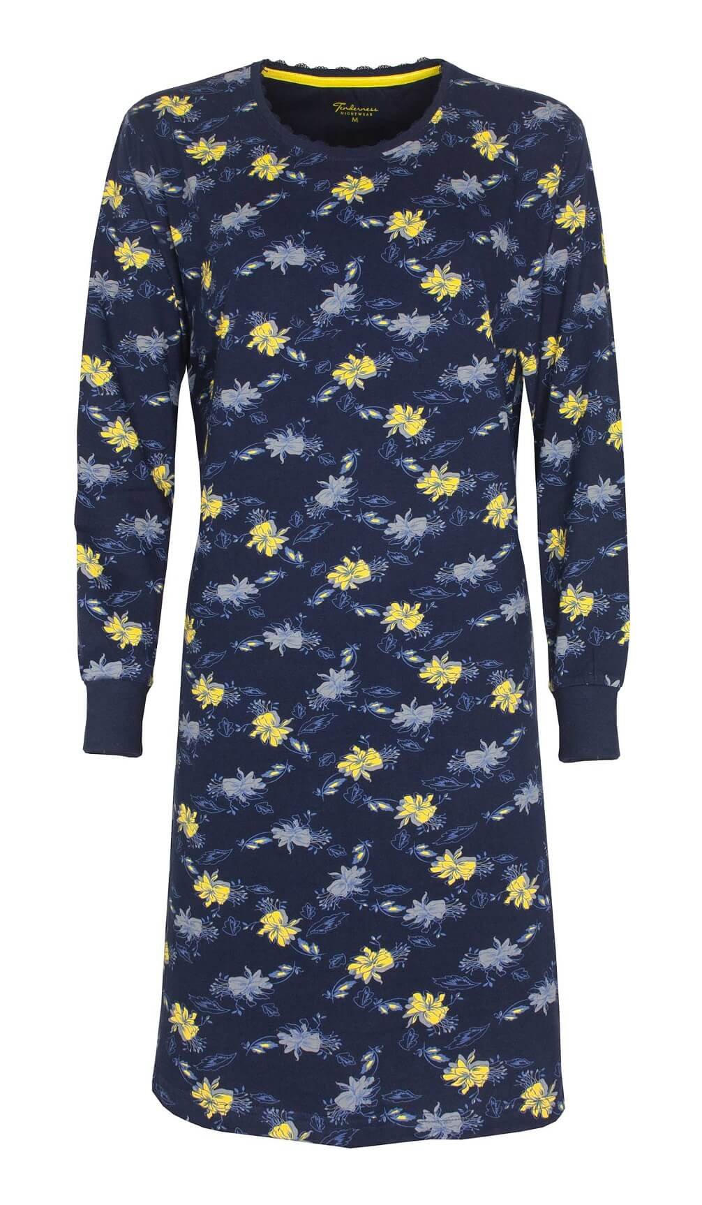 Donkerblauw nachthemd met gele en grijze bloemen, lange mouwen, ronde hals, stof
