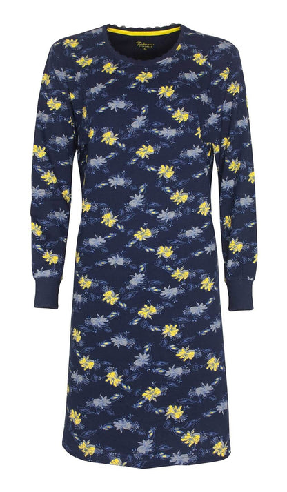 Donkerblauw nachthemd met gele en grijze bloemen, lange mouwen, ronde hals, stof