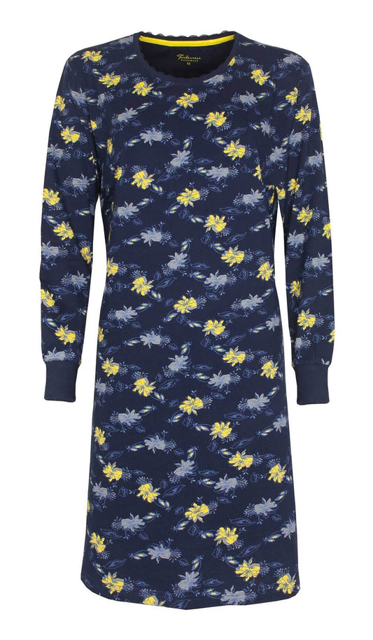 Donkerblauw nachthemd met gele en grijze bloemen, lange mouwen, ronde hals, stof