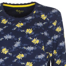 Donkerblauw nachthemd met gele en grijze bloemenprint, lange mouwen en ronde hals met kantafwerking.