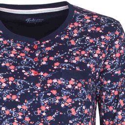 Donkerblauw nachthemd met roze en witte bloemenprint, ronde hals en lange mouwen
