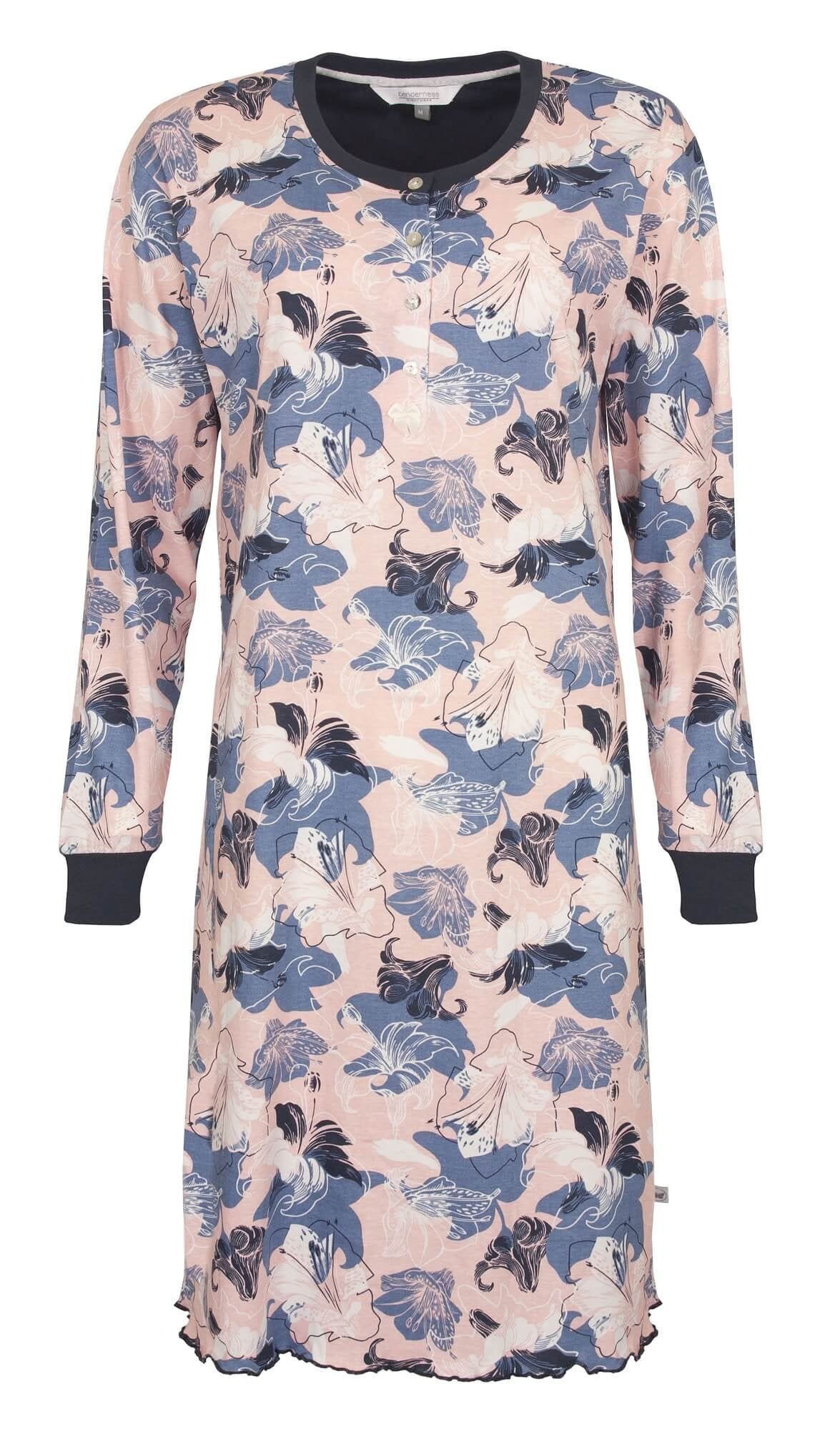 Lange nachthemd met bloemenprint in roze en blauw tinten, lange mouwen en knoopsluiting aan de hals