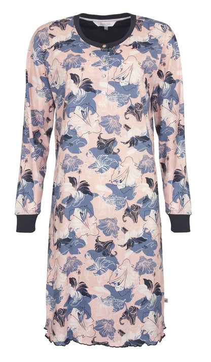 Lange nachthemd met bloemenprint in roze en blauw tinten, lange mouwen en knoopsluiting aan de hals