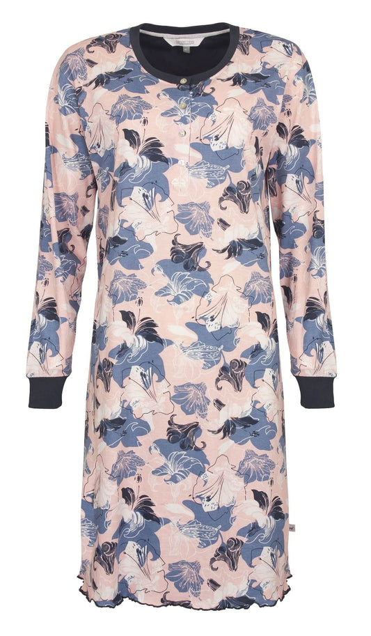 Lange nachthemd met bloemenprint in roze en blauw tinten, lange mouwen en knoopsluiting aan de hals