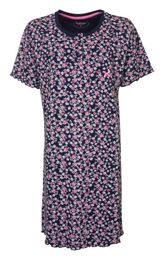 Blauw nachthemd met korte mouwen, bedrukt met kleine roze en witte bloemen, ronde hals en kleine strik