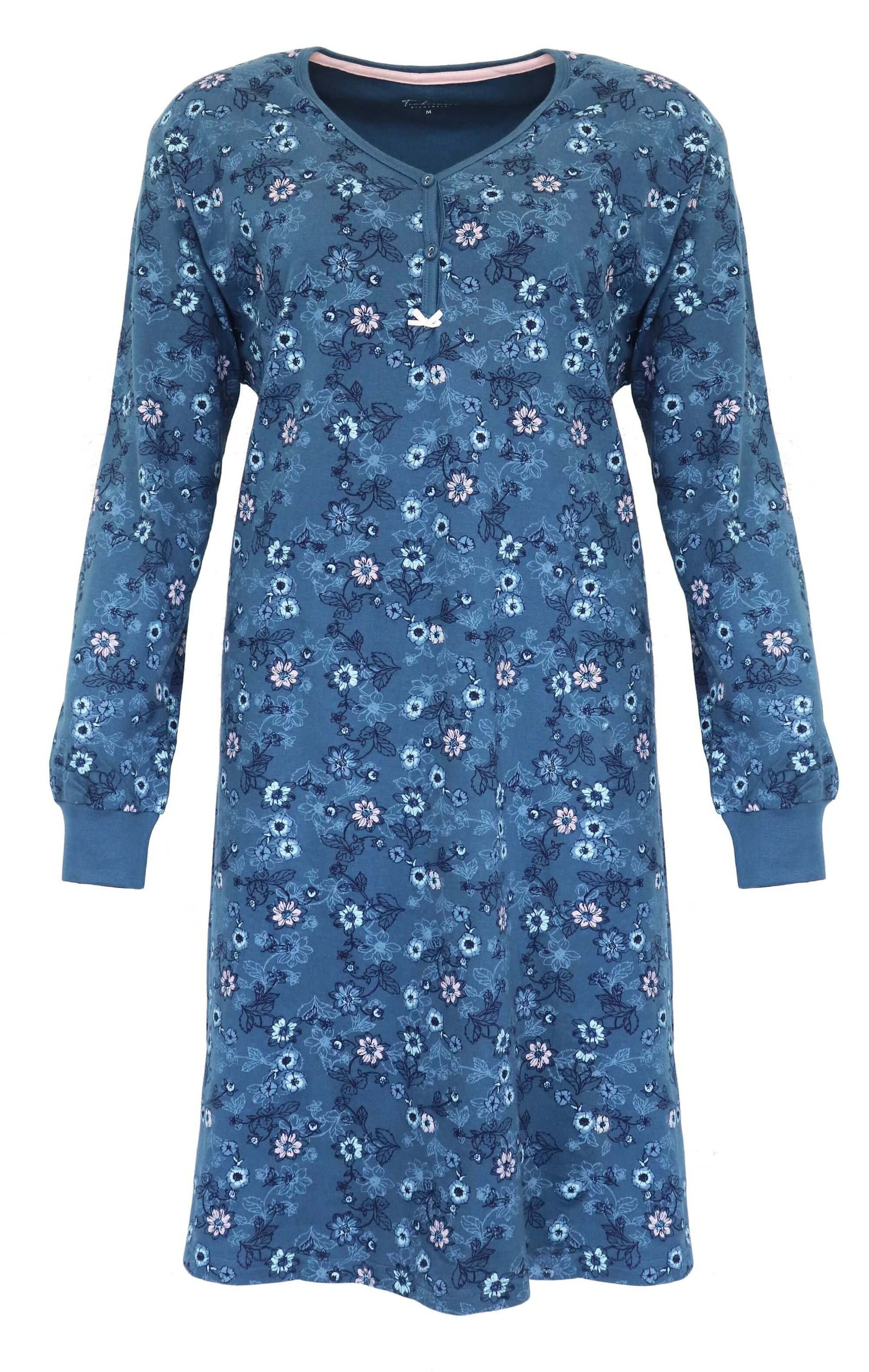 Blauw nachthemd met lange mouwen en bloemenprint, voorzien van een polo sluiting en ribboorden aan de mouwen.