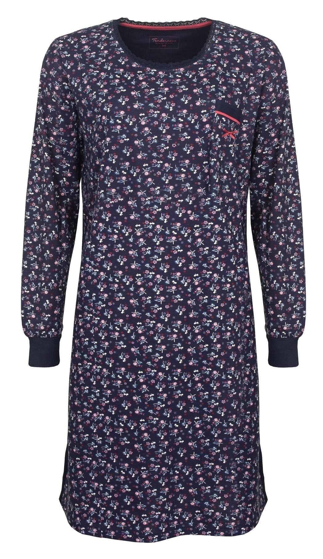 Blauw nachthemd met lange mouwen en een delicaat bloemenpatroon in roze en witte tinten over het hele kledingstuk.